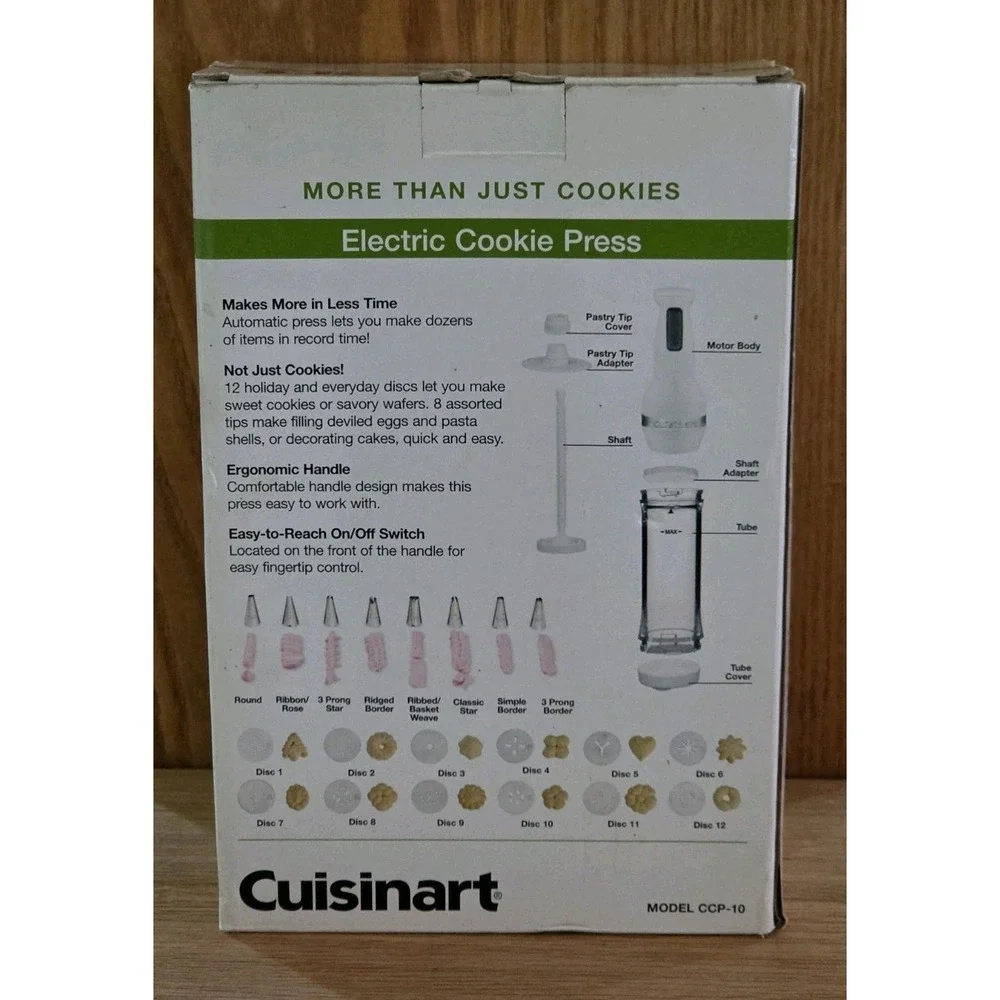 Cuisinart Electric Cookie Press Model CCP-10 12 Stainless Discs One-Touch New